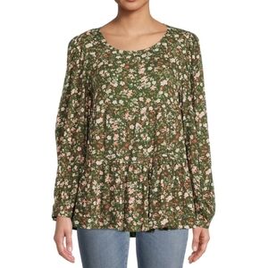 (3/$25) Time and Tru Olive Green Floral Tiered Peplum Top | Long Sleeve Size XXL